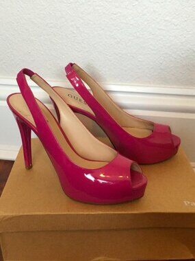 Guess Fuchsia Peep Toe Slingback Platform Pumps